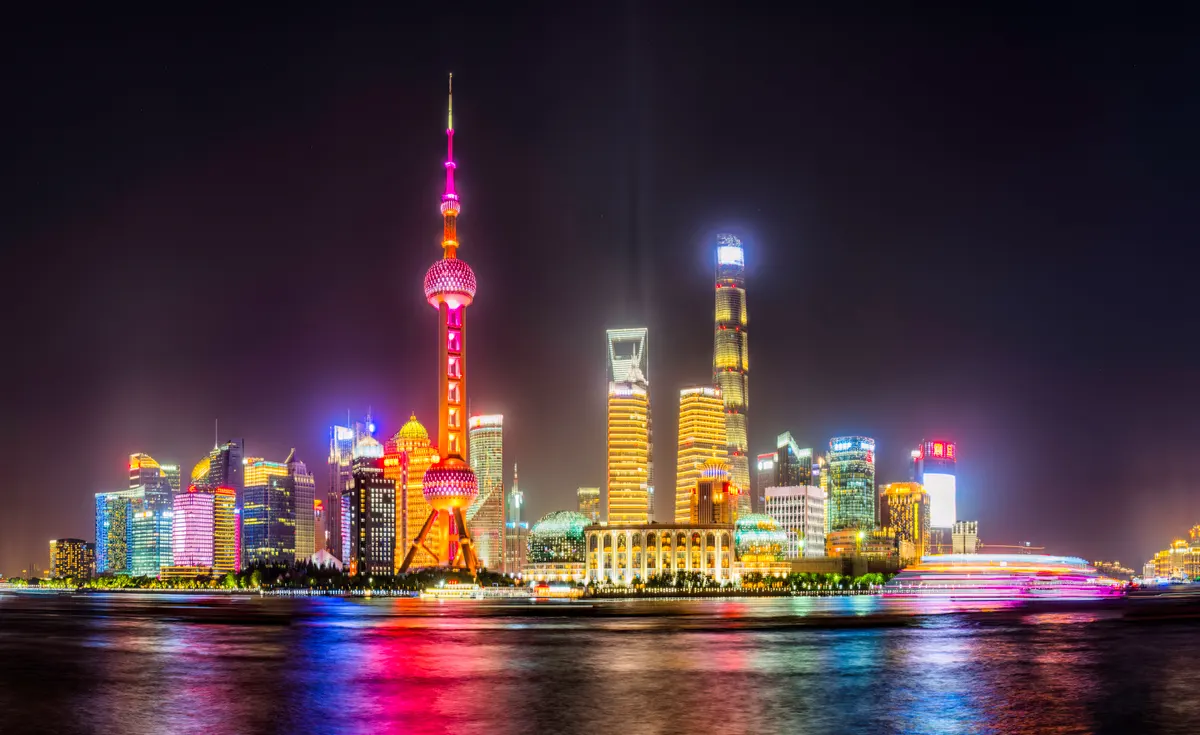 Shanghai Bund skyline illuminated at night in December