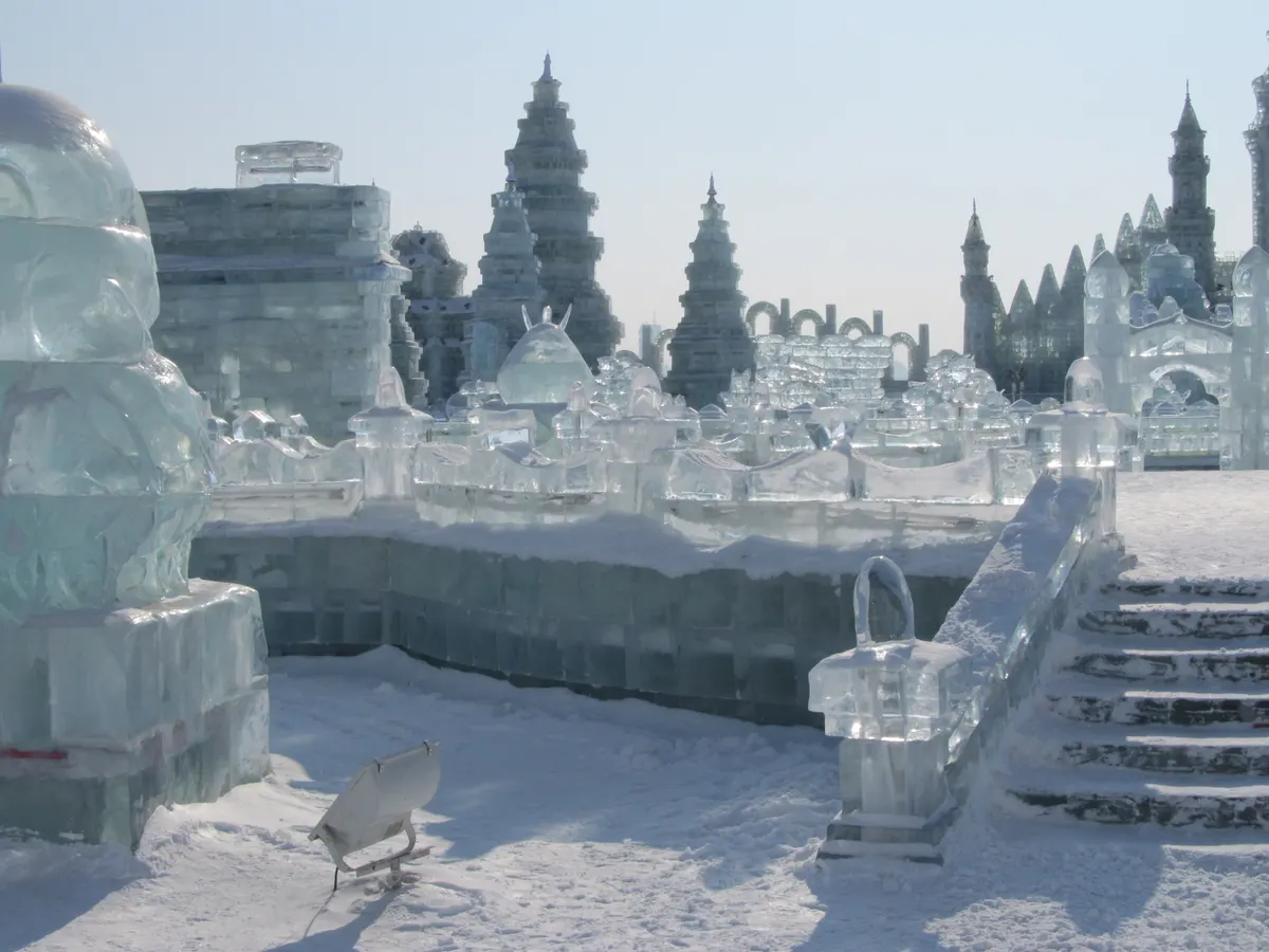 Illuminated ice sculptures at the Harbin Ice and Snow Festival in January