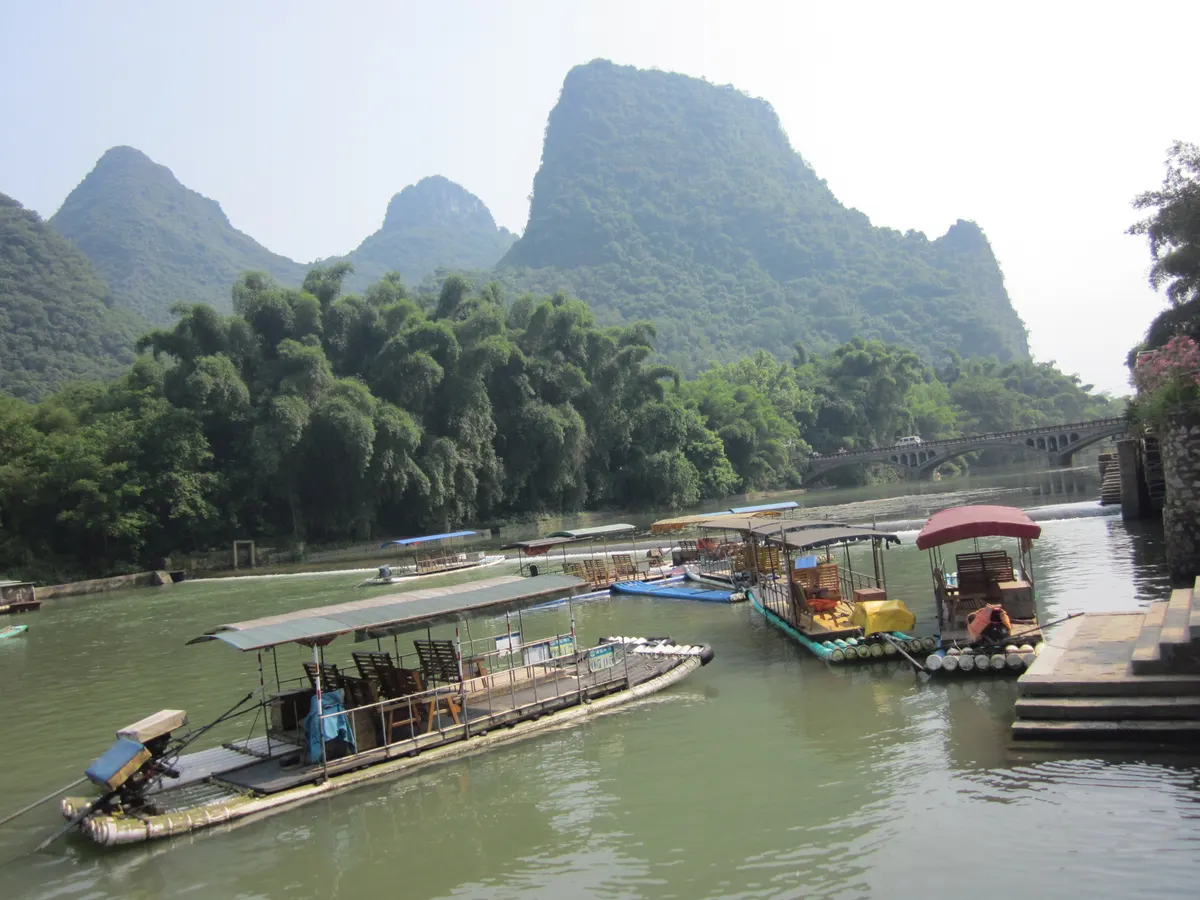 Misty Guilin karst mountains rising above the Li River