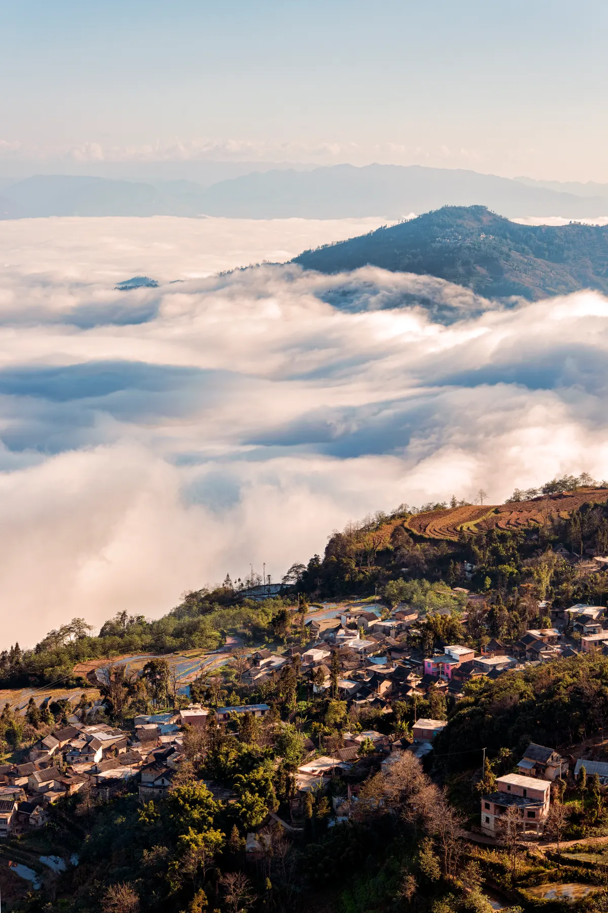 Yuanyang rice terraces in Yunnan at golden hour